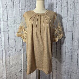 Unbranded Beige Tan Pleated Floral Lace Short Sleeve Tee